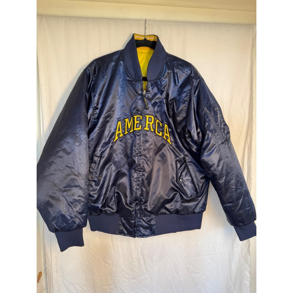 America Soccer Bomber Jacket Yellow Quilted Lined Navy Blue Vintage